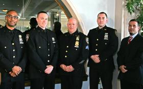 Photo by Sam Spokony Officers of the Year honored on Dec. 12, from left: Officer Sergio De La Mota, Ninth Precinct; Officer Liam Cawley, Sixth Precinct; Sergeant Michael Filomena, 10th Precinct; Officer Michael Relf, 14th Precinct; and Officer Leonardo Nimo, 13th Precinct.